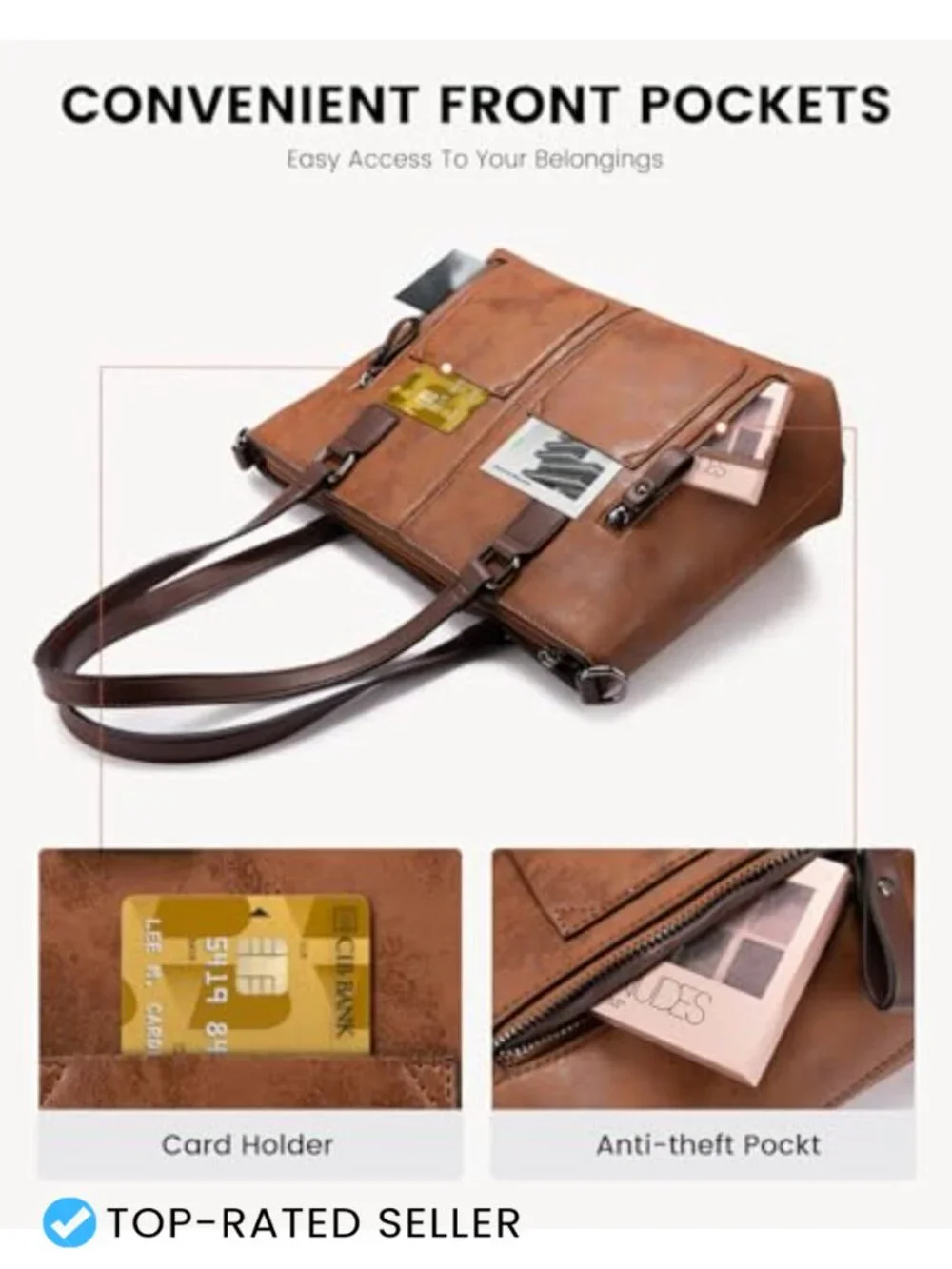 Faux Leather Hobo Shoulder Bag with Multi-Pockets for Work